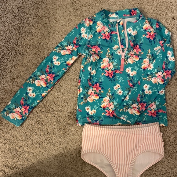 Ruffle Butts Teal Floral Rashguard Set - Picture 1 of 3